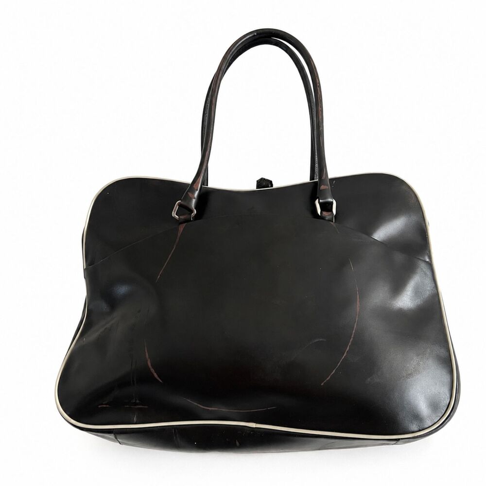VIntage Prada Black Leather Tote Shoulder Bag White Trim Large Italy Authentic